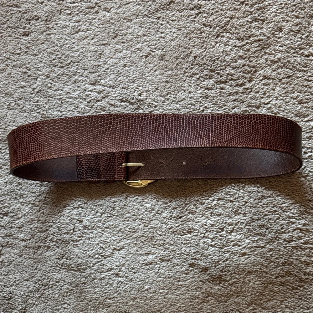 Vintage Cognac Wide Leather Belt with Snakeskin Pattern & Brass & leather Buckle
